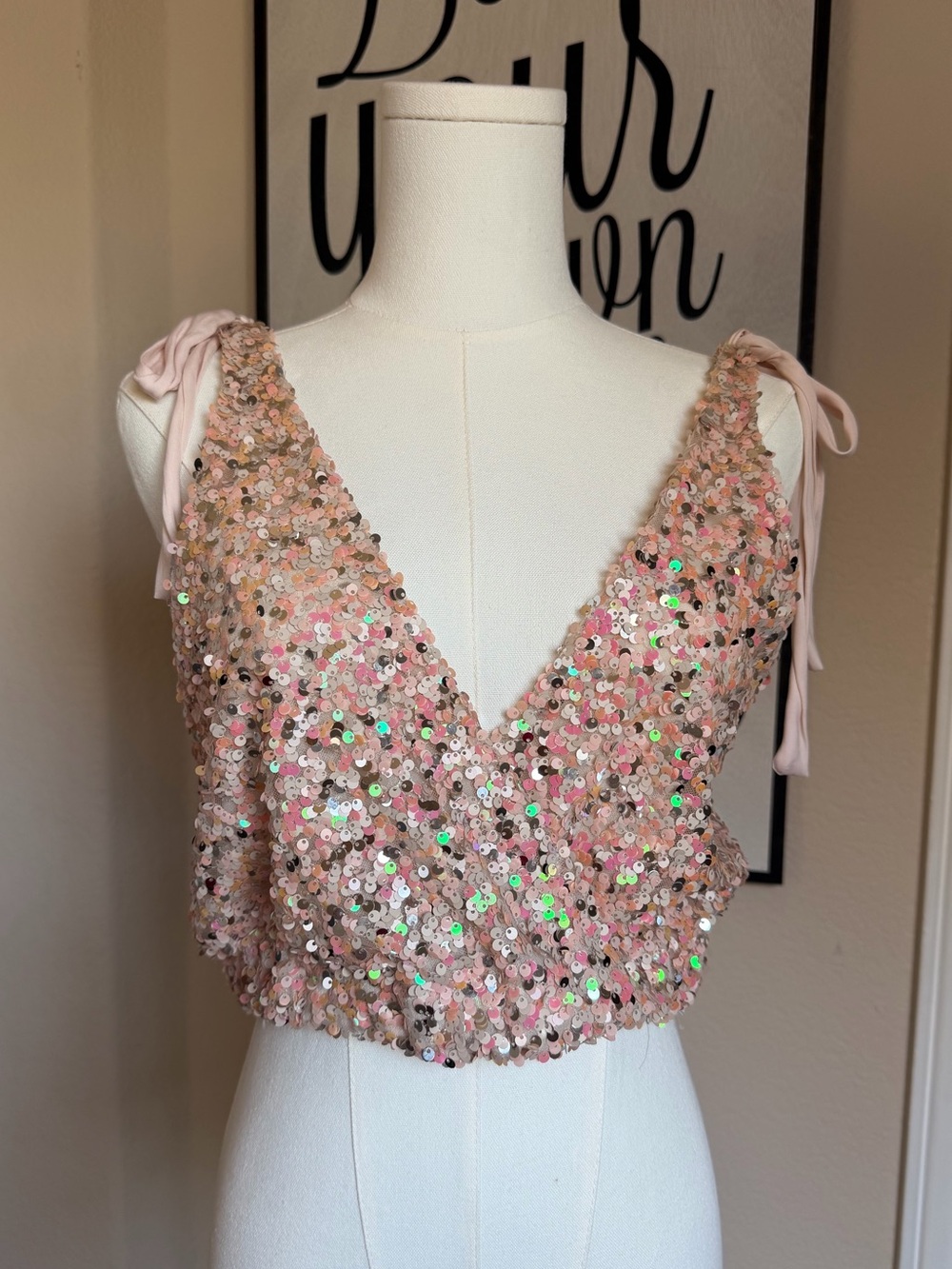Free People Sequin Tie-Shoulder V-Neck Pink Crop Top